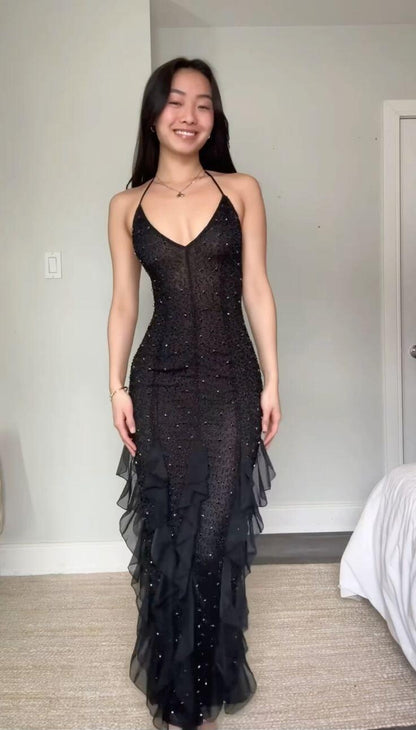 Charming Halter V Neck Black Chiffon Ruffles Beaded Long Evening Dress Prom Dress D5305