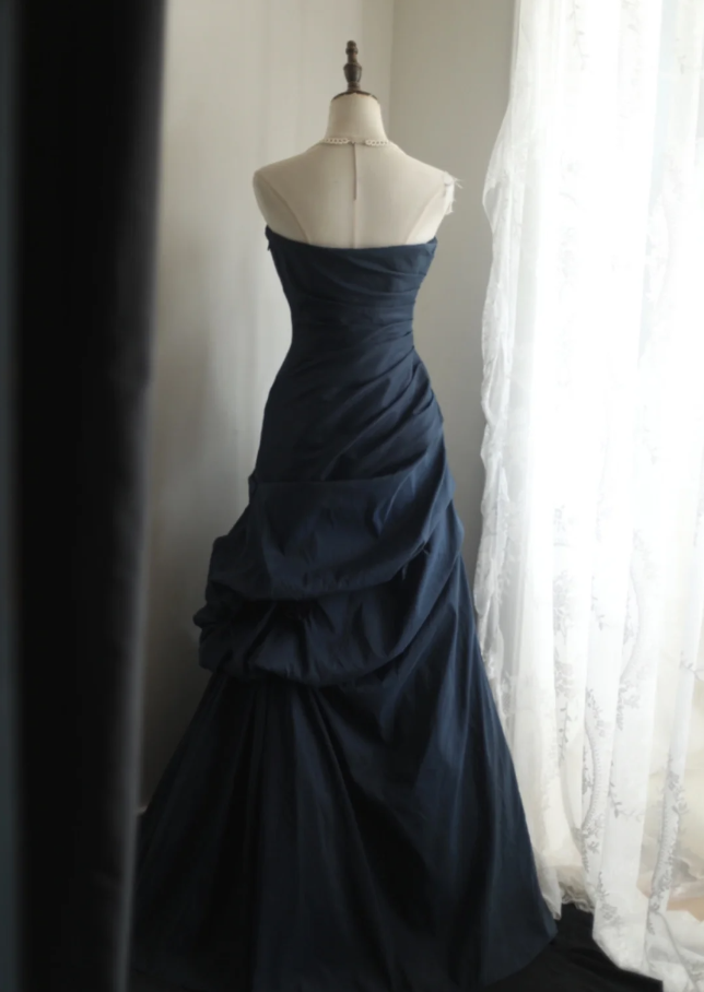 Vintage Navy Blue Strapless Satin Pleated Mermaid Long Evening Dress Birthday Prom Dress D2328