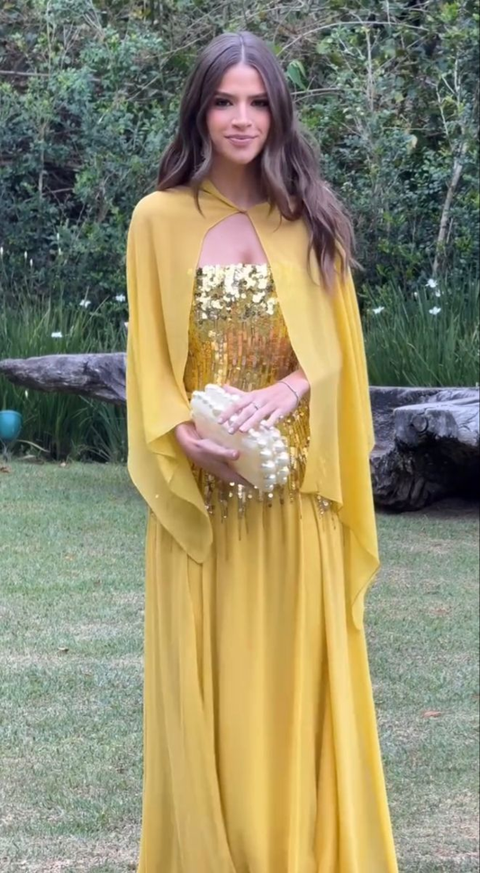 Shiny Yellow Sequin Chiffon Mermaid Long Party Dress Formal Wedding Guest Dress D1350