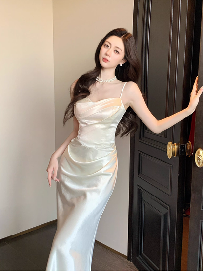 Classy Spaghetti Straps White Satin Pleated Mermaid Long Evening Dress Formal Wedding Guest Dress D2184