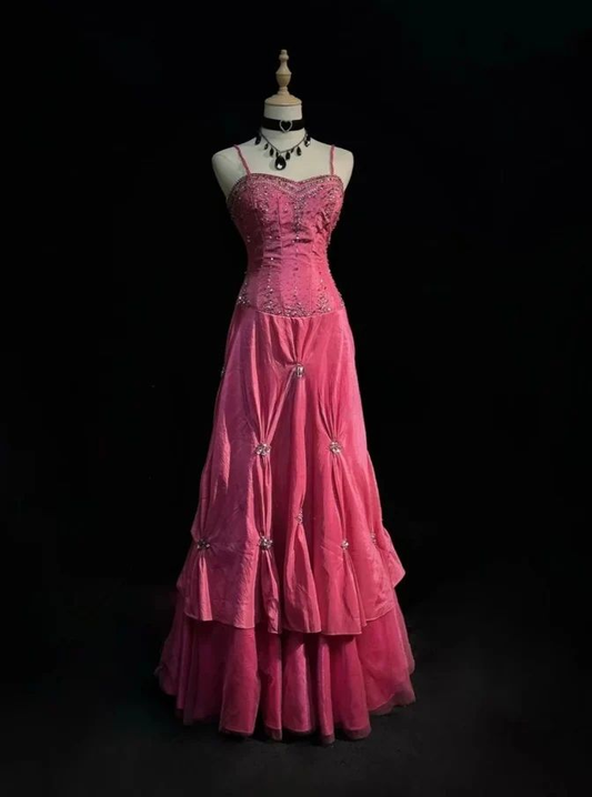 Charming Spaghetti Straps Pink Satin Beaded Mermaid Long Birthday Evening Dress Party Gown D1953