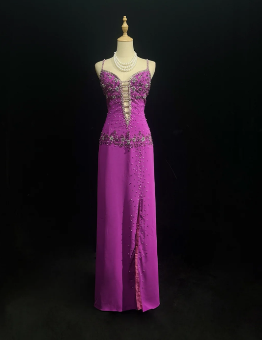Classy Spaghetti Straps Purple Chiffon Beaded Long Wedding Guest Dress Formal Birthday Prom Dress Party Gown D1937