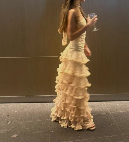 Classy Strapless Yellow Chiffon Floral Long Prom Dresses Layered Ruffles Evening Dresses D4517