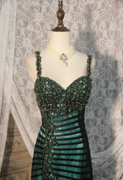 Vintage Spaghetti Straps Satin Tulle Beaded Mermaid Evening Dress Dark Green Long Party Gown D2252