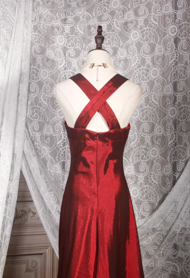 Vintage Burgundy V Neck Satin Mermaid Long Prom Dress Party Gown D2247