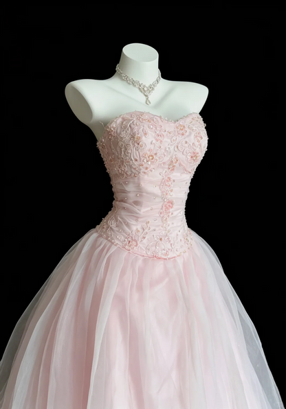 Elegant Pink Satin Tulle Beaded Long Evening Dress Sweetheart Neck Prom Dress D5228