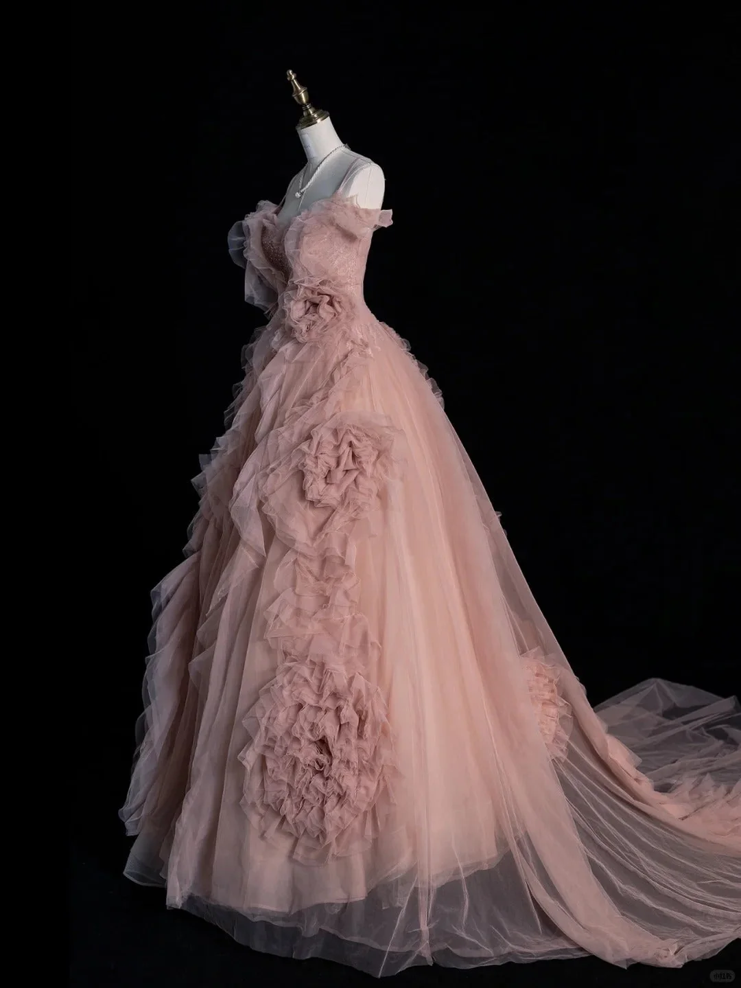 Pretty Spaghetti Strap Pink Tulle Pleated Beaded Long Evening Dress Birthday Party Dress D4833