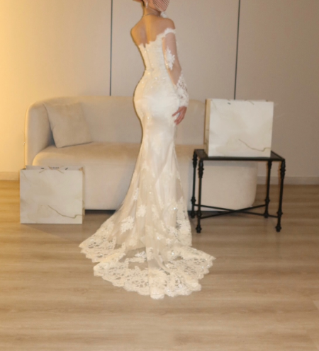 Elegant Off The Shoulder White Satin Lace Mermaid Long Wedding Dress D4980