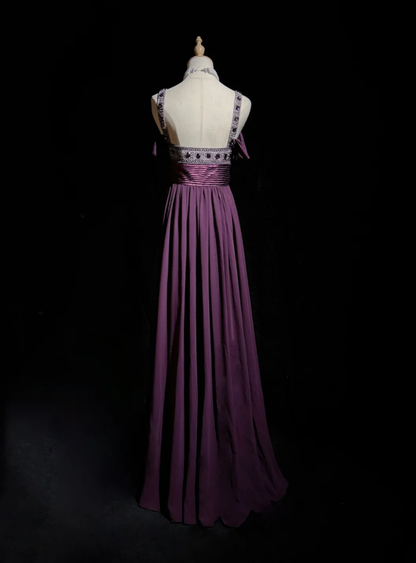 Stylish Spaghetti Straps Satin Beaded A Line Long Wedding Guest Dress,Purple Long Evening Dress Party Gown D2068
