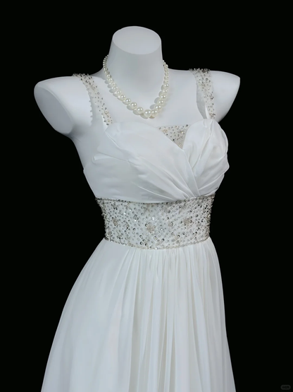 Pretty Spaghetti Straps White Chiffon Beaded A Line Long Evening Dress Birthday Prom Dress D2512