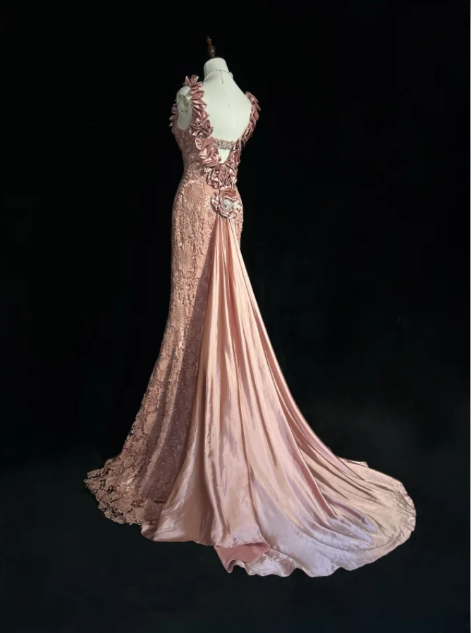 Pretty Pink V Neck Lace Mermaid Birthday Prom Dress Long evening Dress Party Gown D2063