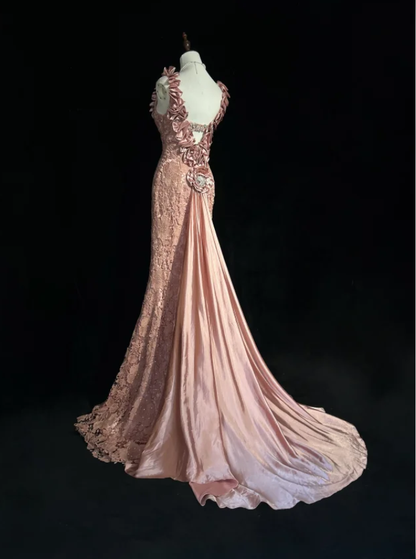 Pretty Pink V Neck Lace Mermaid Birthday Prom Dress Long evening Dress Party Gown D2063