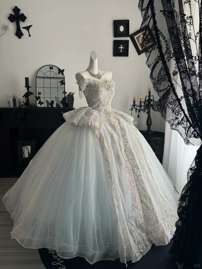 Glamorous Ice Blue Off The Shoulder Tulle Beaded Wedding Dress Formal Bridal Dress D3716
