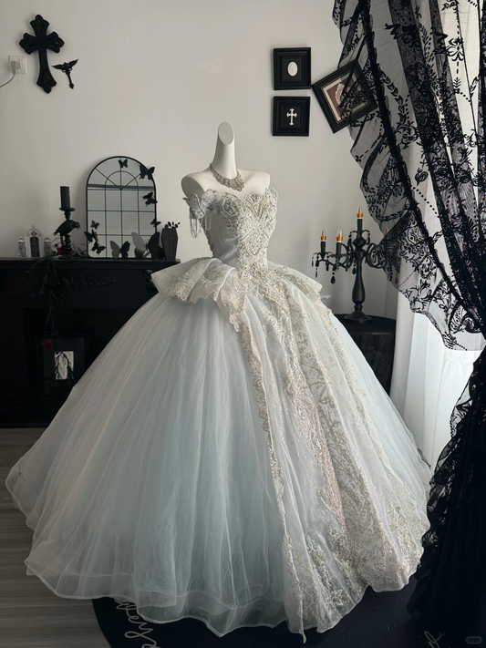 Glamorous Ice Blue Off The Shoulder Tulle Beaded Wedding Dress Formal Bridal Dress D3716