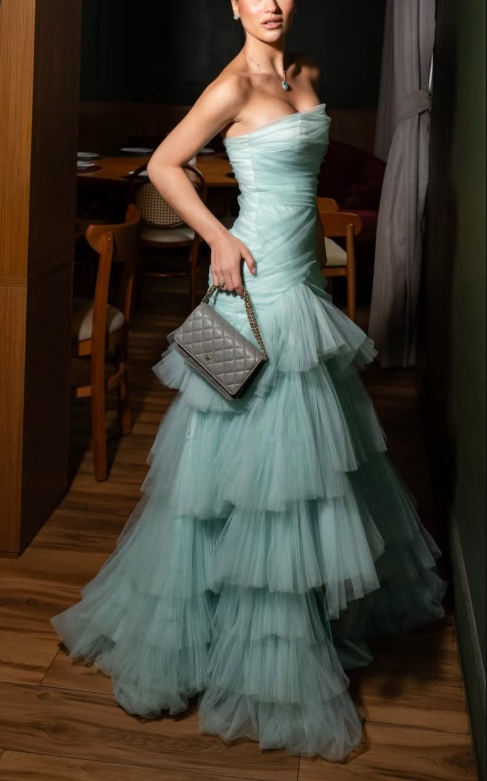 Classy Blue Strapless Tulle Pleated Layered Mermaid Long Prom Dress Birthday Party Gown D3815