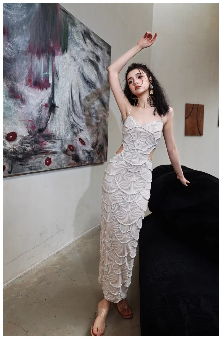 Unique Spaghetti Straps Sequin Pearls Sheath Slit Long Party Dress Birthday Evening Gown D2452