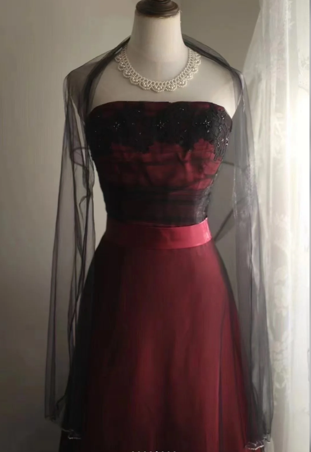 Vintage Burgundy Strapless Satin Tulle Appliques Mermaid Long Party Dress Evening Gown D2200