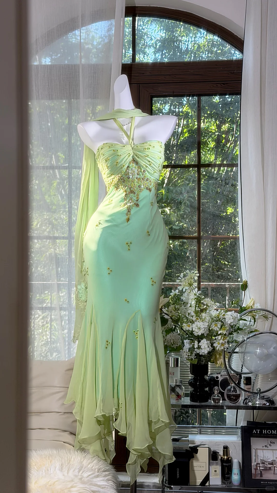 Elegant Halter Light Green Chiffon Beaded Mermaid Long Party Dress Prom Gown D2934