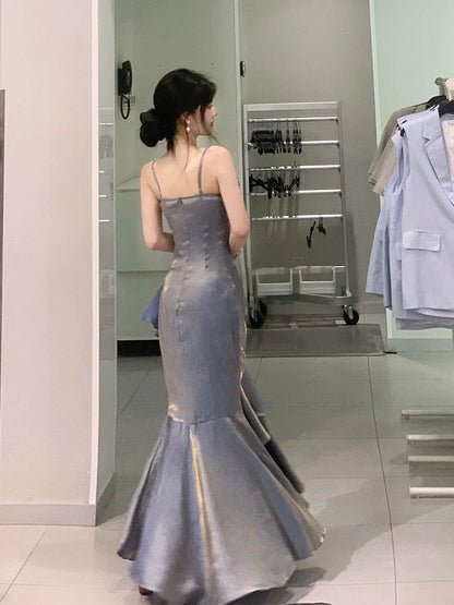 Retro Mermaid Spaghetti Straps Prom Dresses Gray Long Party Dress SD1309