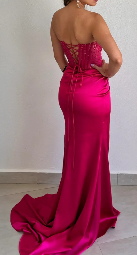 Pretty Mermaid Spaghetti Straps Hot Pink Long Satin Prom Dresses Formal Evening Dress SD2411