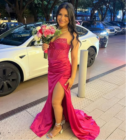 Pretty Mermaid Spaghetti Straps Hot Pink Long Satin Prom Dresses Formal Evening Dress SD2411