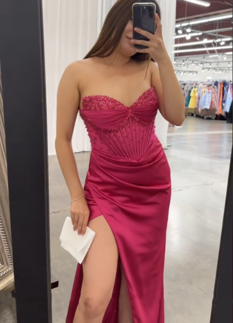 Pretty Mermaid Spaghetti Straps Hot Pink Long Satin Prom Dresses Formal Evening Dress SD2411