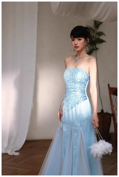 Charming Strapless Blue Tulle Sequin Beaded Mermaid Long Evening Dress Birthday Party Gown D2436