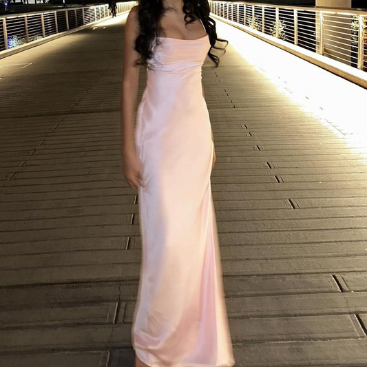 Classy Spaghetti Straps Pink Satin Mermaid Long Wedding Guest Dress Formal Evening Dress Prom Dresses D1924