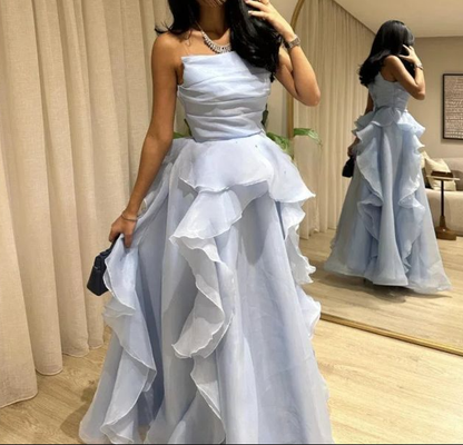 Classy Strapless Blue Organza Pleated Ruffles Long Party Dress Formal Wedding Guest Dress D1543