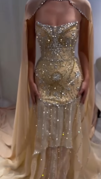Glitter Yellow Chiffon Sequin Beaded Mermaid Evening Dress Long Birthday Prom Gown D1435