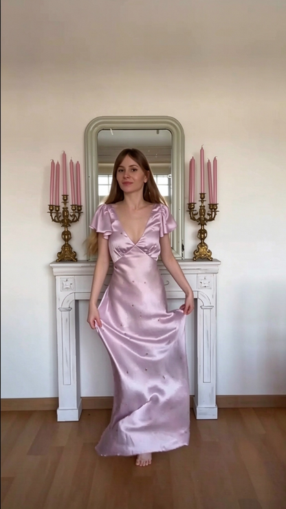 Pretty Purple Satin Beaded Long Party Dress V Neck Mermaid Birthday Prom Gowns D5117