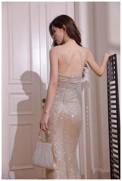Glitter Strapless Sequin Slit Mermaid Long Evening Dress Prom Gown D2417