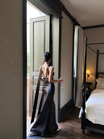 Classy Sleeveless Navy Blue Satin Mermaid Long Wedding Guest Dress Formal Backless Party Dress Evening Gown D2082