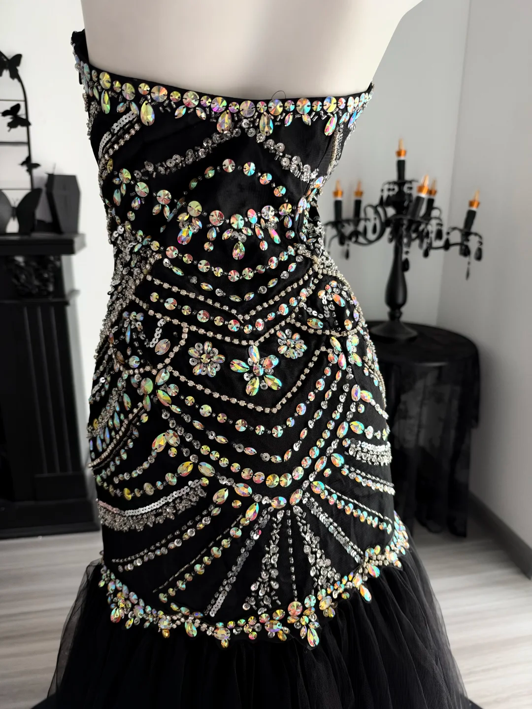 Gorgeous Black Tulle Beaded Mermaid Long Evening Dress Strapless Long Birthday Prom Dresses D4712