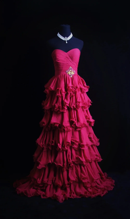 Pretty Sweetheart Neck Hot Pink Chiffon Layered Tiered 2000s Long Prom Dresses Evening Dress D4567