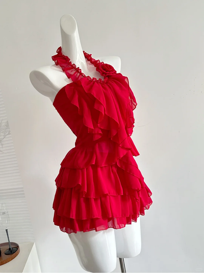Sexy Halter Chiffon Cocktail Dress Red Holiday Dress S324