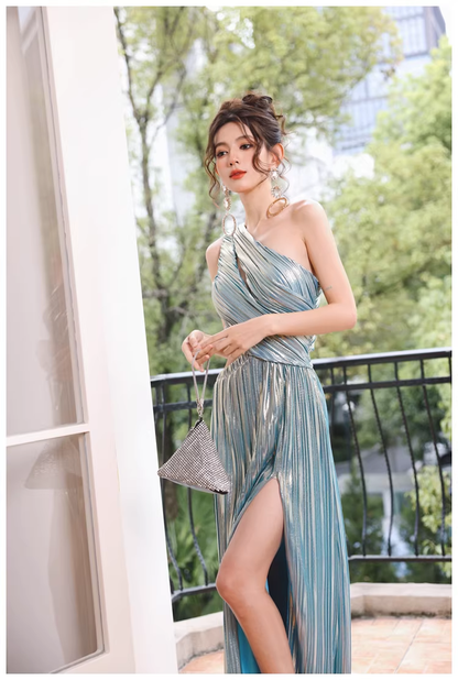 Sexy One Shoulder Satin Pleated Slit Long Wedding Guest Dress Blue Birthday Prom Dress Evening Gown D2458