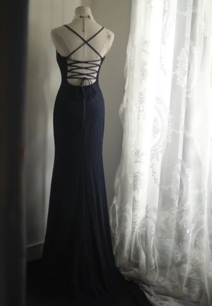 Classy Spaghetti Straps Navy Blue Beaded Mermaid Long Evening Dress Formal Wedding Guest Dress D2197