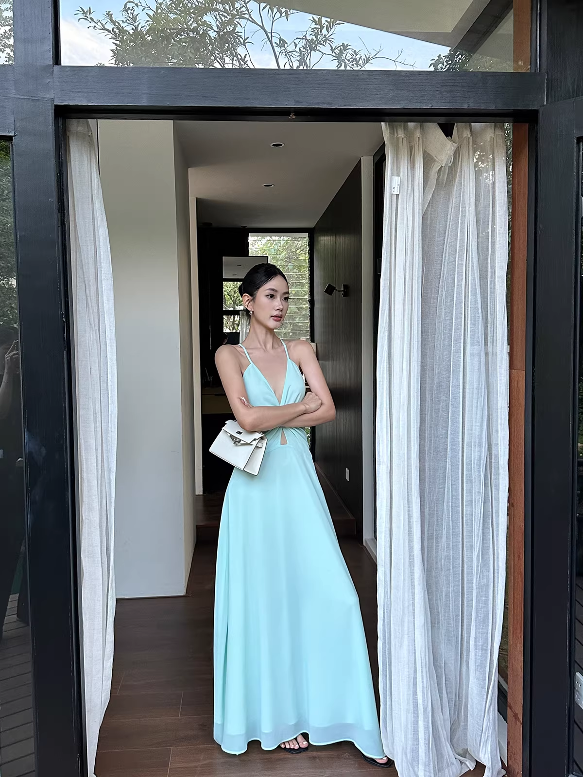 Simple Spaghetti Straps V Neck Green Chiffon A Line Long Party Dress Evening Dress D2090