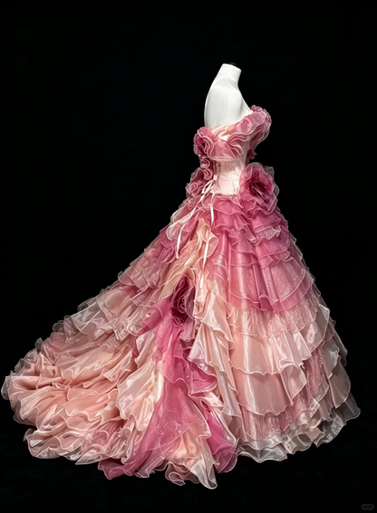 Retro Ball Gown Pink Gradient Strapless Tulle Layered Ruffles Beaded Quinceanera Dress D5277