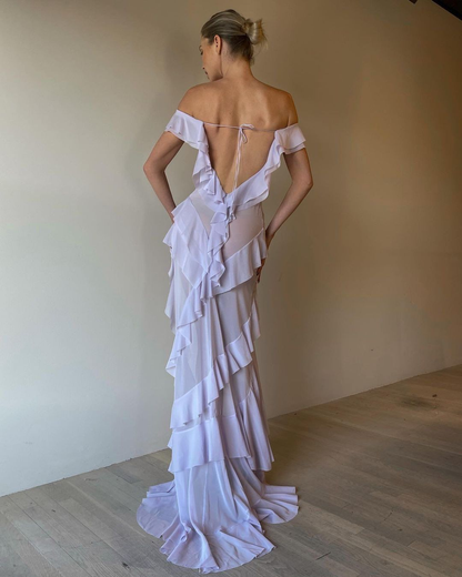Sexy Off The Shoulder Pink Chiffon Ruffle Slit Long Party Dress Evening Gown(Add Lining) D1467
