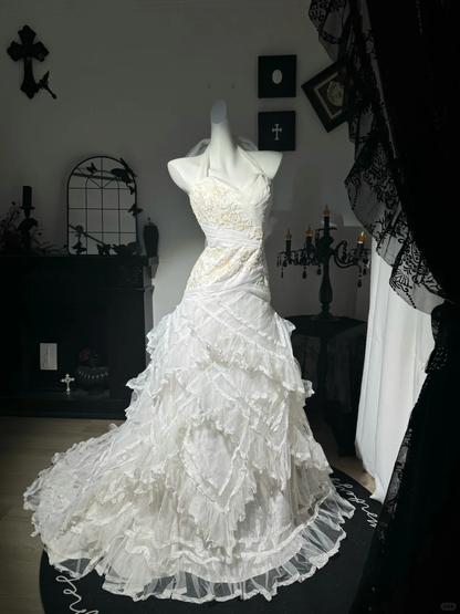 Pretty Halter Tulle Lace Ruffle Mermaid Prom Dress,White Long Evening Dress With Beads D3727