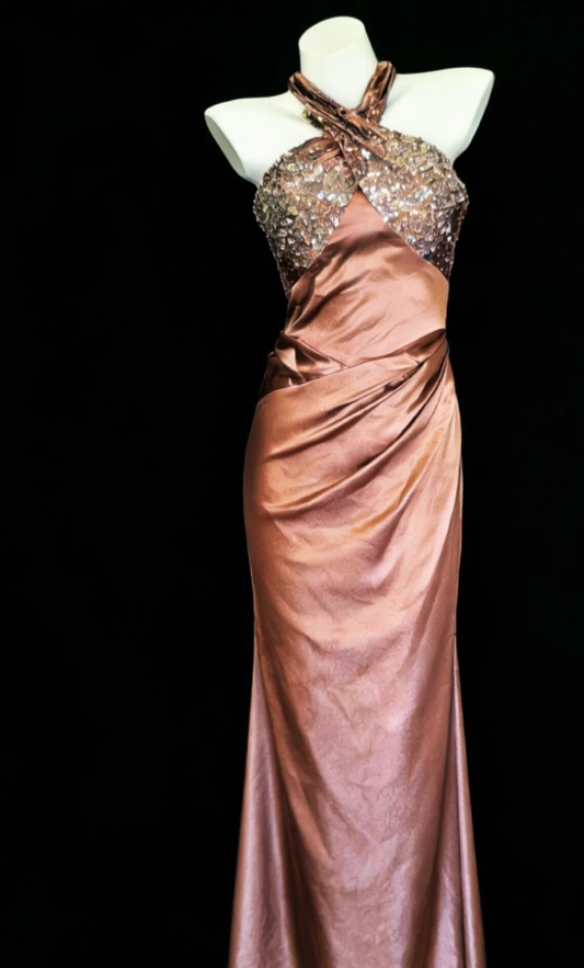 Fashion Halter Satin Sequin Mermaid Long Party Dress Backless Evening Dress D2163