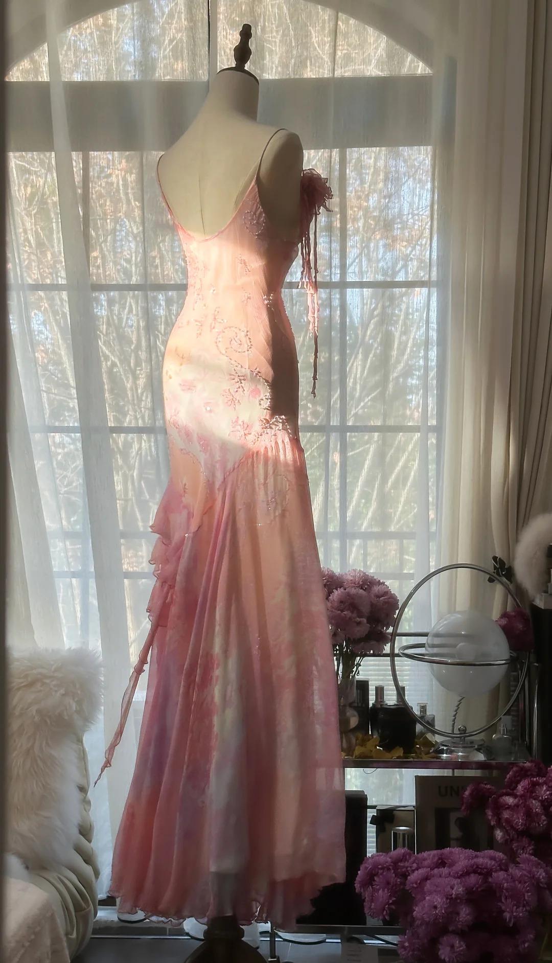 Classy Pink Spaghetti Straps Chiffon Beaded evening Dress Long Mermaid Birthday Party Dress S342