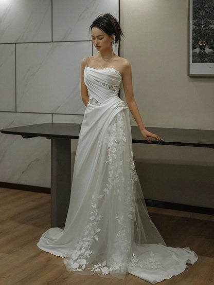 Simple White Mermaid One Shoulder Satin Lace Pleats Wedding Dress SD1738