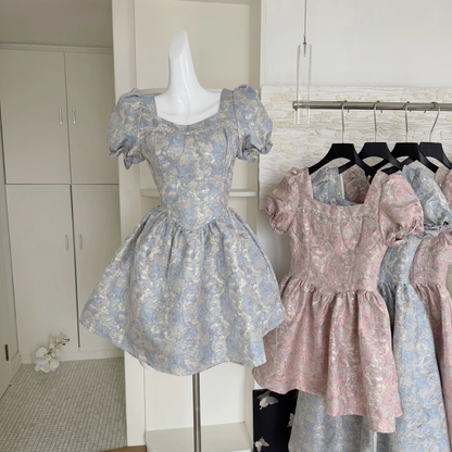 Cute Satin Print Floral Short Sleeves A Line Birthday Outfits Blue Homecoming Dress S403