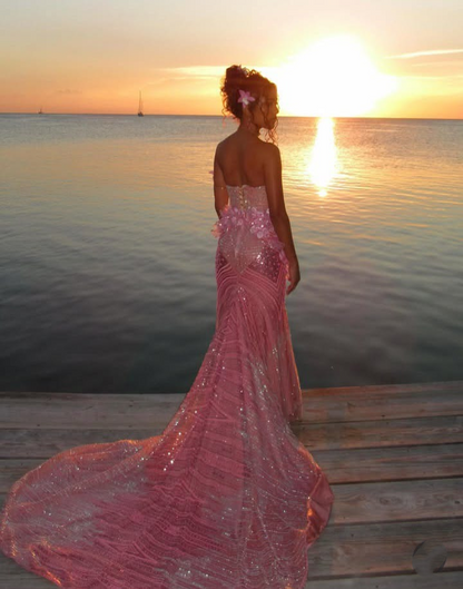 Glamorous Strapless Tulle Sequin Floral Mermaid Long Evening Dress Pink Long Birthday Prom Dress D4690