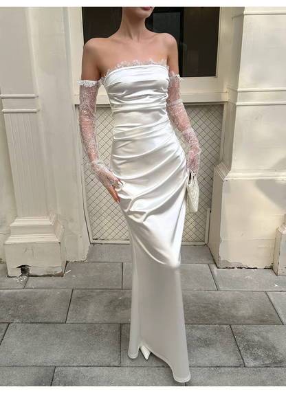 Classy White Off The Shoulder Satin Lace Mermaid Long Wedding Guest Dress Formal Evening Dress Prom Gown D2126