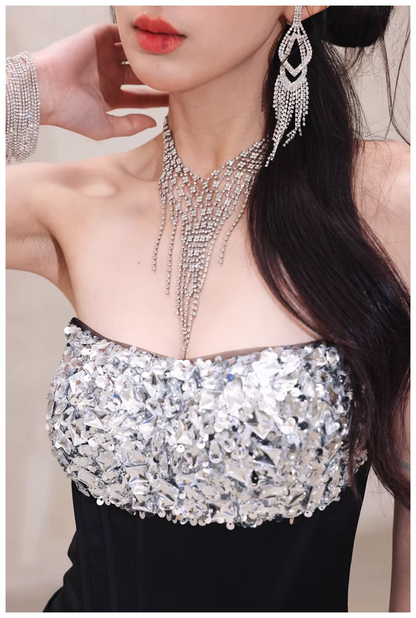 Fashion Black Strapless Satin Sequin Beaded Mermaid Evening Dress Long Wedding Guest Dress D2453