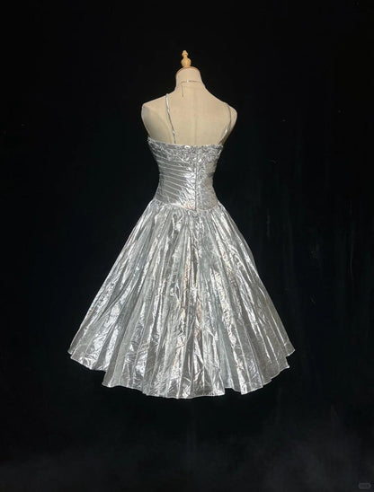 Stylish Spaghetti Straps Silver Satin Pleated Beaded A Line Short Birthday Dress Homecoming Dress D3385